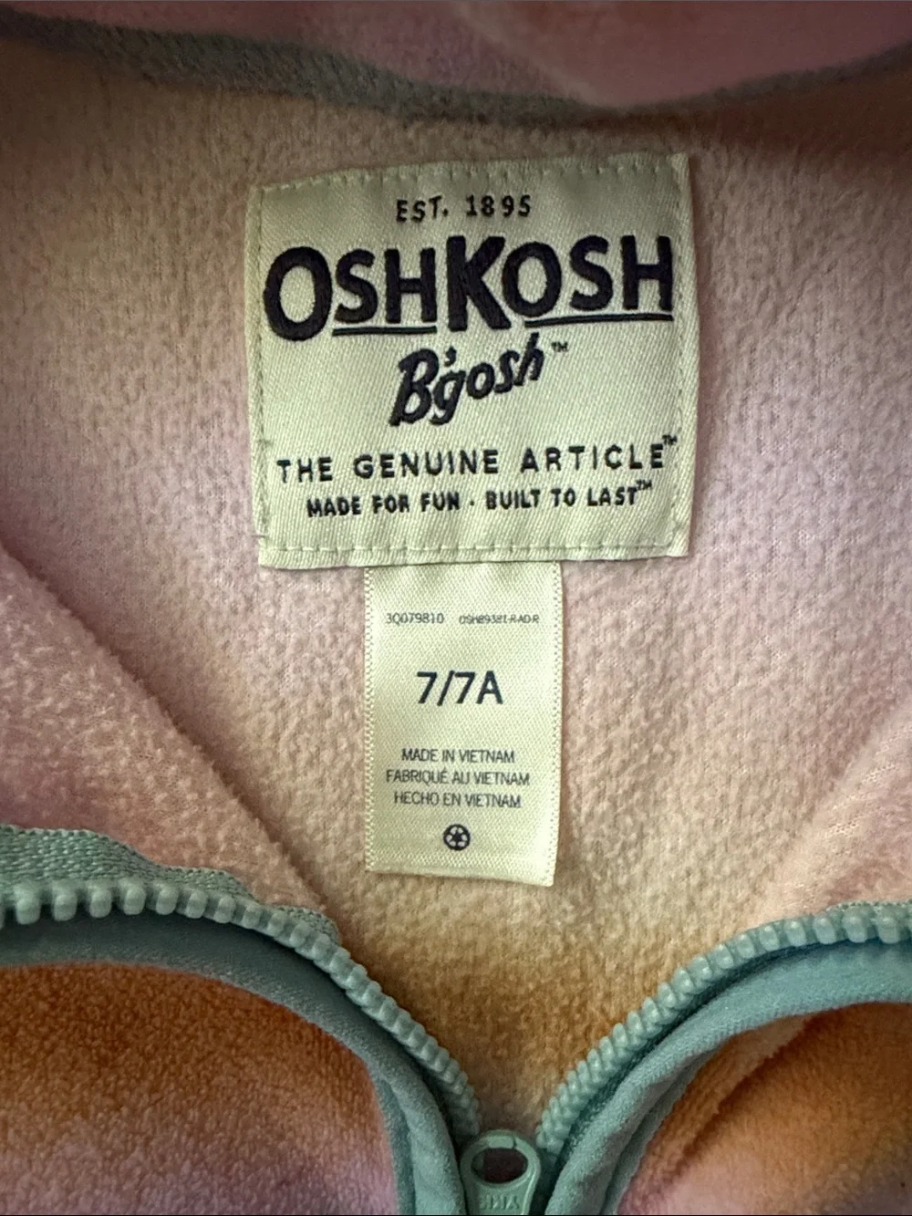 OshKosh B'gosh Pastel Rainbow Quarter-Zip Fleece in Pink and Mint